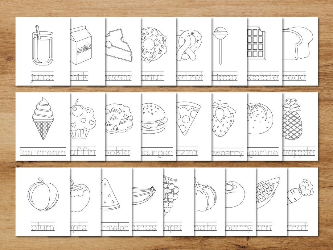 25 Foods Coloring and Tracing Printable Worksheet for Toddlers