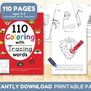 110 Coloring with Tracing Words - Instantly Download Printable Pages