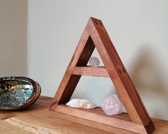 Handmade triangle shelf unit with single shelf, made from locally reclaimed wood, light satin walnut finish