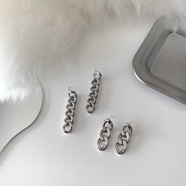 Silver Chain Link Earrings • Bold Chain Earrings • Curb Chain Earrings • Two Lengths Earrings • Dangle Stud Earrings • Cuban Chain Earrings