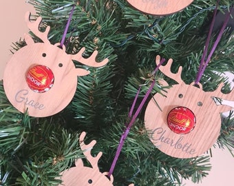Personalised Reindeer Christmas tree decoration. Wooden tree decoration. Personalised reindeer bauble, wooden advent reindeer
