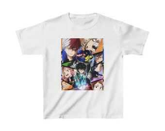 May include: White t-shirt with a colourful graphic of anime characters. The design features various faces with different expressions and hair colours, set against a vibrant background. A casual, short-sleeved tee.