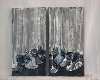 Acrylic Paintings Diptych, 12”x24” each, gray, blue, and white, pour painting, set of 2 original gallery wrapped stretched canvas,