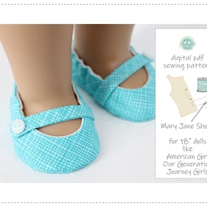 May include: A pair of turquoise Mary Jane shoes with a white grid pattern, a white button on the strap, and white trim. The text reads: digital pdf sewing pattern Mary Jane Shoes for 18" dolls like American Girl Our Generation Journey Girls.