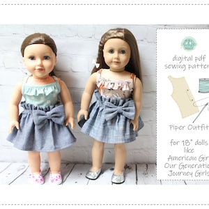 May include: A digital PDF sewing pattern for an 18-inch doll outfit. The pattern is called "Piper Outfit" and is designed for dolls like American Girl, Our Generation, and Journey Girls.