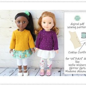 May include: A digital PDF sewing pattern for a doll outfit. The pattern is for 14" or 14.5" dolls like Wellie Wishers, Glitter Girls, and Madame Alexander dolls. The pattern includes a sweater, skirt, and leggings.