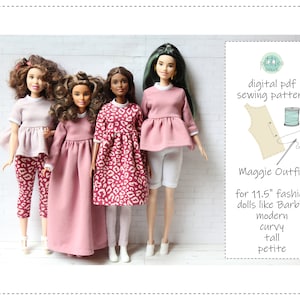 Op de afbeelding: Een digitaal PDF-naai-patroon voor een Maggie-outfit voor 11,5 inch modepoppen zoals Barbie. Het patroon is voor een roze jurk met luipaardprint, een roze top met een ruche en een roze broek. De tekst "DOLLS" staat in de rechterbovenhoek van de afbeelding.