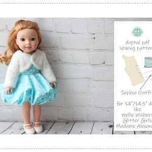 May include: A digital PDF sewing pattern for a doll outfit. The pattern is for 14" or 14.5" dolls, such as Wellie Wishers, Glitter Girls, and Madame Alexander dolls. The outfit includes a blue dress with white polka dots and a white fur jacket.