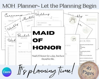 Classy Maid of Honor Planner, Matron of Honor, MOH Wedding, Bridesmaid Checklists, digital Download, Canva, Edit and print