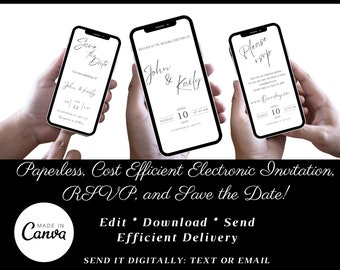 Minimalistische elektronische Hochzeitseinladung, Hochzeit digital, moderne Online-Einladung, Details, Hochzeit Evite, Smartphone, bearbeitbare Leinwand