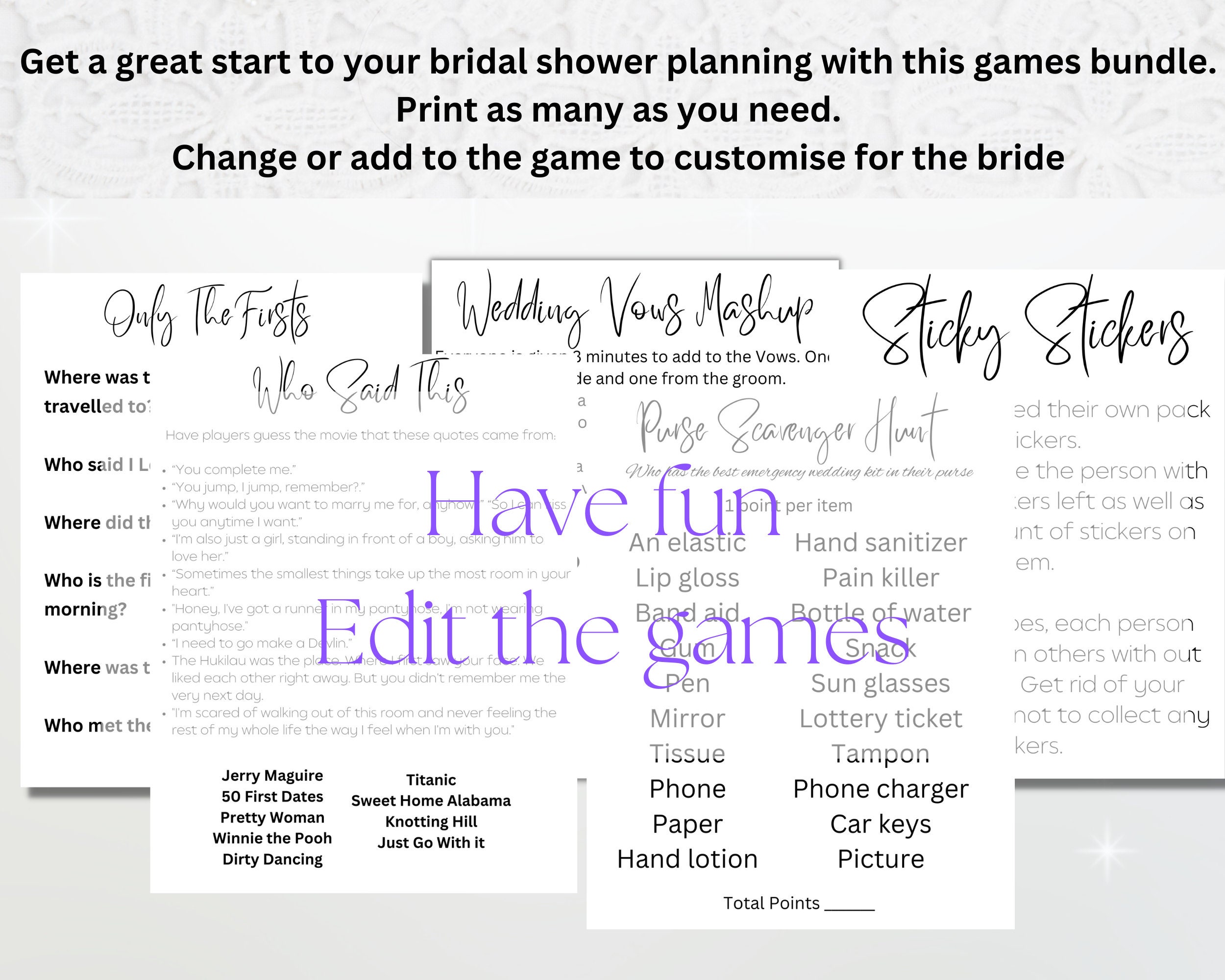 Printable Games for a Memorable Bridal Shower. Easy to Customize and ...