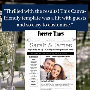 May include: A wedding announcement template with a newspaper design. The template features a photo of a couple, the words "Forever Times", and the text "Sarah & James" in a large font. The text "Today's the day they say 'I do', writing the first chapter of their forever" is below the couple's names. The template also includes a section for the wedding party, with spaces to fill in the names of the bride's parents, groom's parents, maid of honor, bridesmaids, best man, groomsmen, flower girls, ring bearers, and ushers.