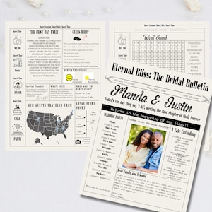 Peut inclure: Un tableau d'annonce de mariage noir et blanc avec les noms Manda et Justin. Le tableau d'annonce comprend une carte des États-Unis montrant d'où les invités ont voyagé. Il comprend également un mot croisé, un jeu de "Devinez qui?" et une section pour les informations sur la fête de mariage.