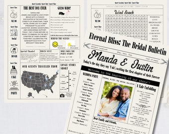 May include: A black and white wedding announcement bulletin board with the names Manda and Justin. The bulletin board has a map of the United States showing where guests traveled from. It also has a word search puzzle, a "Guess Who?" game, and a section for wedding party information.