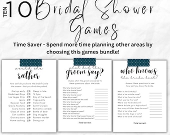 以下が含まれることがあります： 「Would She Rather」や「Who Knows the Bride Best?」など、10種類のゲームが含まれた、印刷可能なブライダルシャワーゲームのバンドルです。パーティーの計画時間を節約できるように設計されています。「Party Planning Made Easy」の文字が上部にあります。