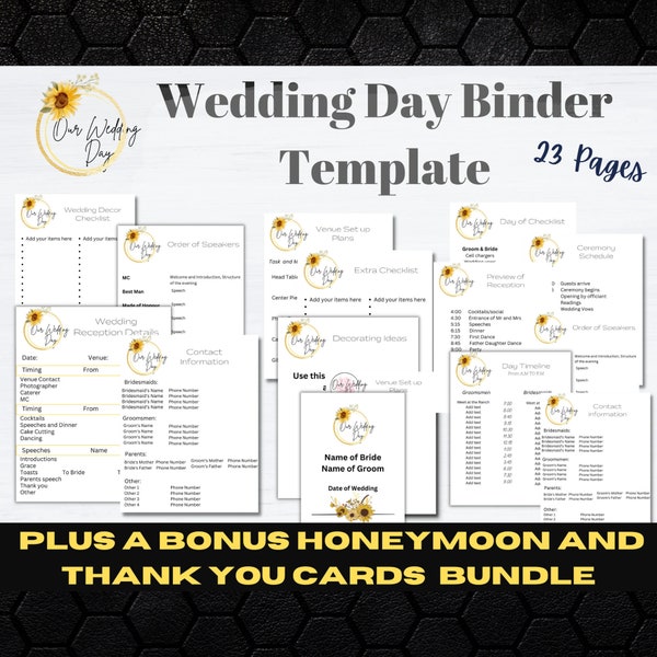 Wedding Day Binder Template| Sunflower, Editable, Printable, Wedding Itinerary, Wedding Planning Book Checklist, wedding timeline,