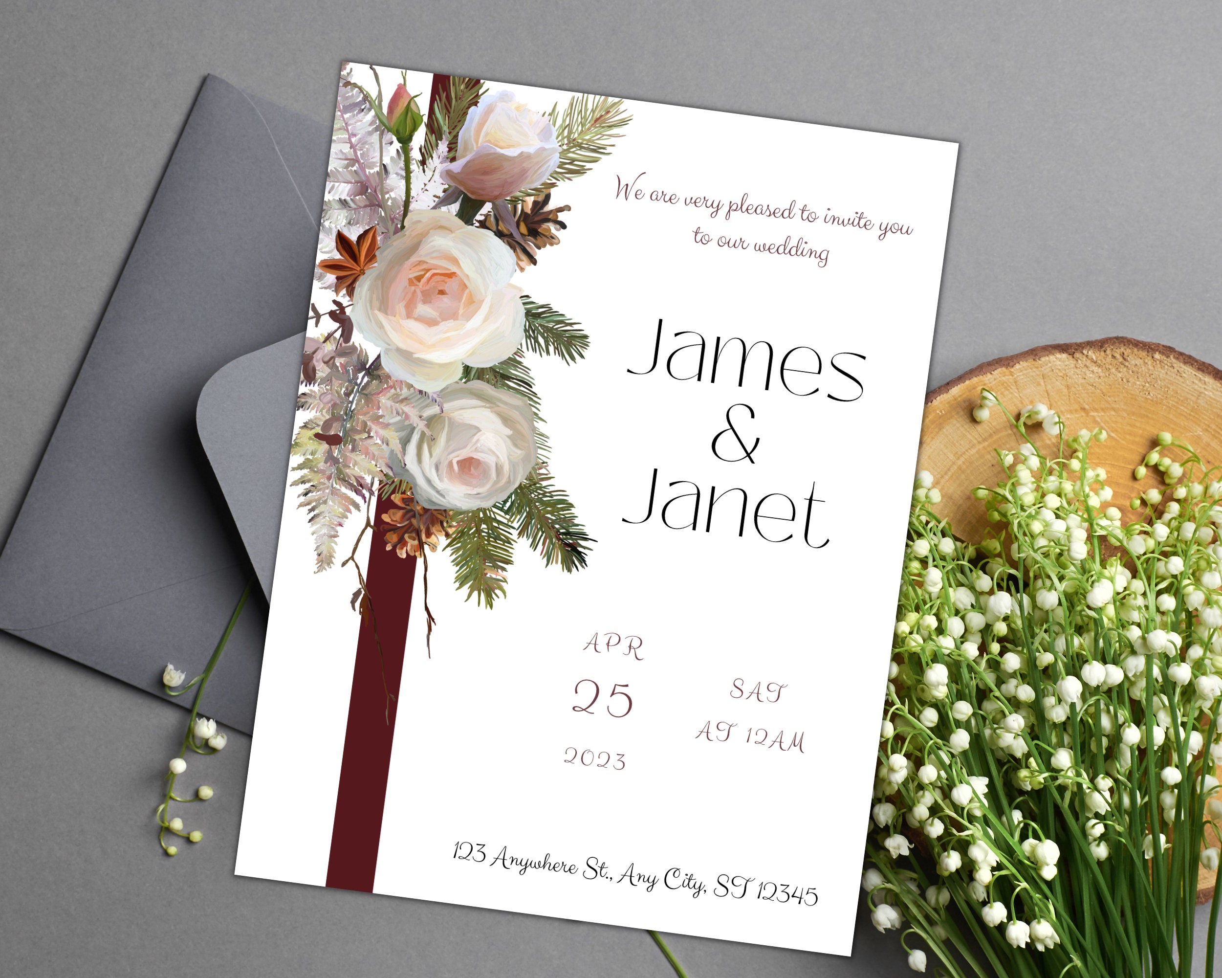 Invit Rose Burgundy Roses Wedding Invitation and Save the Date, Rose Invite, Canva ...