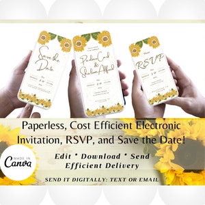 Zonnebloem bruiloft uitnodiging bundel, digitale uitnodigingen, elektronische weddingplanner, rustieke zonnebloem bruiloft, bewerkbare sjabloon