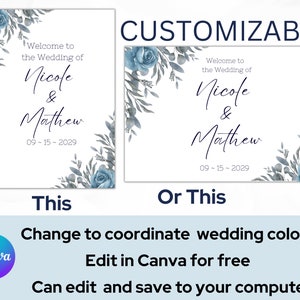 May include: A customisable wedding sign template featuring a blue floral design. The text on the sign reads "Welcome to the Wedding of Nicole & Matthew 09-15-2029".
