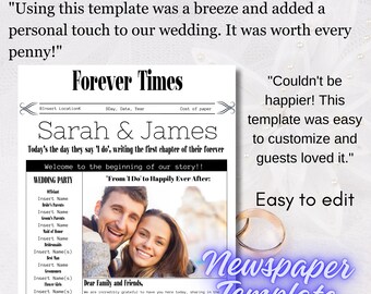 May include: A black and white newspaper template with the text "Forever Times" and "Sarah & James" at the top. The template is designed for a wedding announcement and includes a photo of a couple. The text "Welcome to the beginning of our story!!" and "From 'I Do' to Happily Ever After" is also included. The text "Couldn't be happier! This template was easy to customize and guests loved it." is in a speech bubble on the right side of the image. The text "Easy to edit" is below the speech bubble. The text "Newspaper Template" is in a large font at the bottom of the image.