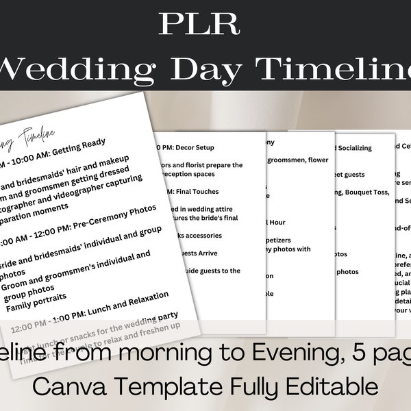 PLR Wedding Plans Private Label Rights Set, Private Label Rights Wedding Day, Canva Modern Minimalist Wedding Day Timeline, Wedding planner