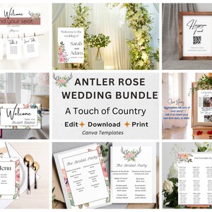 Puede incluir: Un conjunto de plantillas de boda imprimibles con un tema rústico y campestre. Las plantillas presentan diseños florales con cuernos de ciervo y el texto "Antler Rose Wedding Bundle". Las plantillas incluyen un cartel de bienvenida, un plano de asientos, un menú y más.
