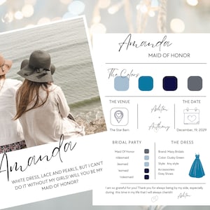 Cartão de informações de proposta de festa nupcial elegante: detalhes encantadores para uma jornada de casamento memorável, modelo editável do Canva, download digital