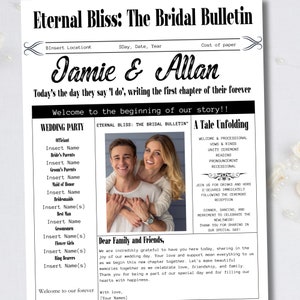 May include: A black and white wedding announcement with a photo of a couple. The text reads "Eternal Bliss: The Bridal Bulletin" and includes the names Jamie and Allan. The announcement includes details about the wedding party and the wedding ceremony.