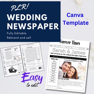 May include: A black and white wedding newspaper template with the title "Forever Times" and the names "Sarah & James". The template includes a photo of the couple, a wedding party list, and a message to guests. The template is fully editable and can be used to create a personalized wedding newspaper.