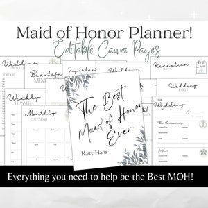 May include: A printable Maid of Honour Planner with a watercolour floral design. The planner includes pages for a wedding day schedule, important dates, a weekly planner, a monthly calendar, a reception plan, and a wedding party checklist. The text "The Best Maid of Honour Ever" is featured on the cover.