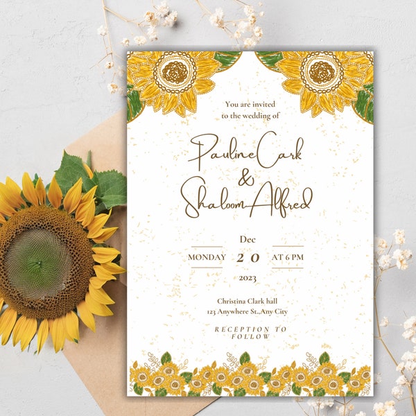 Invito a nozze girasole: modello modificabile per matrimoni autunnali, download istantaneo, personalizzazione fai da te, disegno floreale rustico, giallo e oro