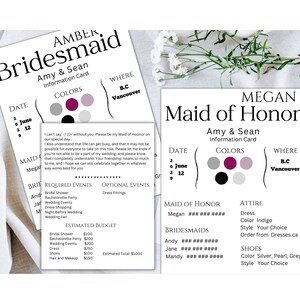 以下が含まれることがあります： アンバーという名前のブライズメイドのための結婚式招待状で、2029年6月12日となっています。カードには、グレー、パープル、ブラックのカラーパレットが使用されています。また、結婚式に必要なイベントとオプションのイベントのリストも記載されています。