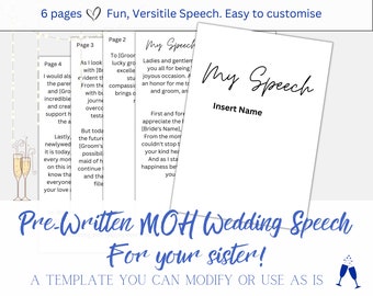 Maid of Honor Speech| pre written speech template, Wedding Reception Speeches, MOH sister toast,Matron of Honour plans,Wedding toast, Cheers