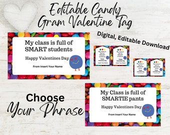 Puede incluir: Etiqueta de San Valentín editable imprimible con un fondo de caramelos. La etiqueta dice "Mi clase está llena de estudiantes INTELIGENTES" y "Feliz Día de San Valentín".