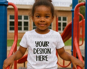 May include: A young child wearing a white t-shirt with the text "YOUR DESIGN HERE" in black. The child is standing on a playground, with red and blue play equipment in the background.
