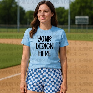 Light Blue Shirt Baseball Women&#39;s Mockup - Digital Design - PNG File - Blank Shirt Mockup - Trendy Sports Shirt Mock- Baseball Field Mockup