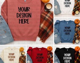 Gildan 18000 Crewneck Mockup Bundle - 6 Fall Flat Lay Mockups - Womans Trendy Sweatshirt Mock - Fall Pumpkin Plaid Candle Simplistic Mock