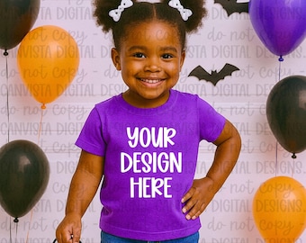 Purple Shirt Kids Halloween Mockup - Digital Design PNG File - Blank Shirt Mockup - Trendy Shirt Mock- Trick or Treat - Bats -Balloon Mockup