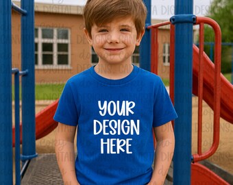 Kids Royal Blue Shirt School Mockup - Digital Design - Mock PNG File - Blank Shirt Mockup - Trendy Playground Mockup -Add Your Own Design