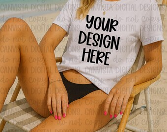 White Shirt Beach Mockup - Digital Design - Mock PNG File - Blank Shirt Mockup - Summer Beach Shirt Blank - Add Your Own Design PNG