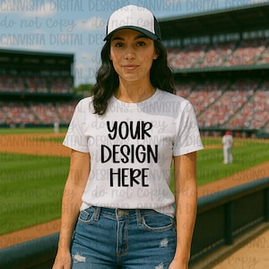 White Shirt Baseball Women&#39;s Mockup - Digital Design - PNG File - Blank Shirt Mockup - Trendy Sports Shirt Mock- Baseball Mockup - Hat Mock