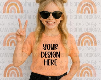 Peach Shirt Boho Girl Everyday Mockup - Digital Design - PNG File - Blank Shirt Mockup - Trendy Kids Shirt Blank - Add Your Own Design PNG