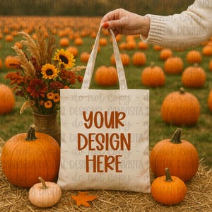 May include: A cream-colored tote bag with the text "YOUR DESIGN HERE" in orange is held in front of a field of pumpkins. Pumpkins of various sizes and colors surround the bag, along with a vase of fall flowers.