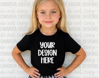 Black Shirt Checkered Girls Everyday Mockup - Digital Design - PNG File - Blank Shirt Mockup - Trendy Kids Shirt - Add Your Own Design PNG