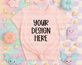Kids Pastel Pink Shirt Halloween Mockup - Halloween Mock - Blank Shirt Mockup - Trendy Shirt Mock- Trick or Treat - Bats Pumpkins Mockup