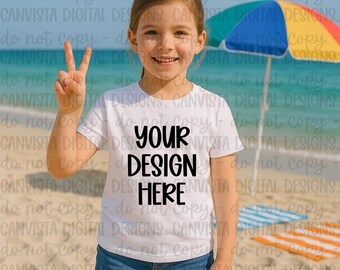 White Shirt Beach Mockup - Digital Design - Mock PNG File - Girl Blank Shirt Mockup - Summer Beach Shirt Blank - Add Your Own Design PNG