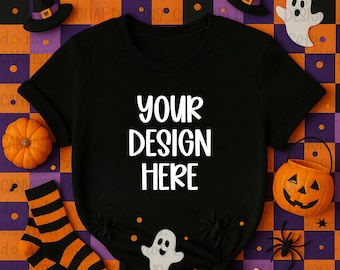 Halloween-mockup zwart shirt - digitaal ontwerp PNG-bestand - blanco shirt-mockup - trendy shirt-mock-up Halloween geruit platliggend pompoenmodel