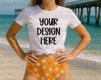 White Shirt Beach Mockup - Digital Design - Mock PNG File - Blank Shirt Mockup - Summer Beach Shirt Blank - Add Your Own Design PNG
