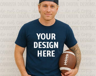 Men&#39;s Navy Shirt Football Mockup - Digital Design - Trendy Sports Model Mockup - Simplistic Football Mock - Football Game Day Mock