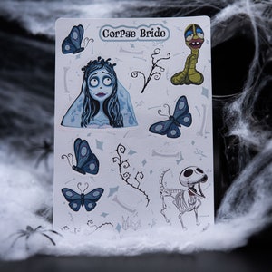 Stickers cadavre mariée, feuille d'autocollants, autocollants holographiques, autocollants Halloween, décalcomanies d'autocollants, chutes, Emily, asticot